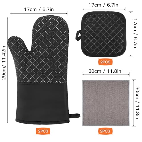 Philorn Oven Mitts and Pot Holders Kitchen Oven Glove | High Heat Resistant 260℃ Extra Long Oven Mitts and Potholder with Non-Slip Silicone Surface for Baking, Cooking, BBQ (Black) - color: Black