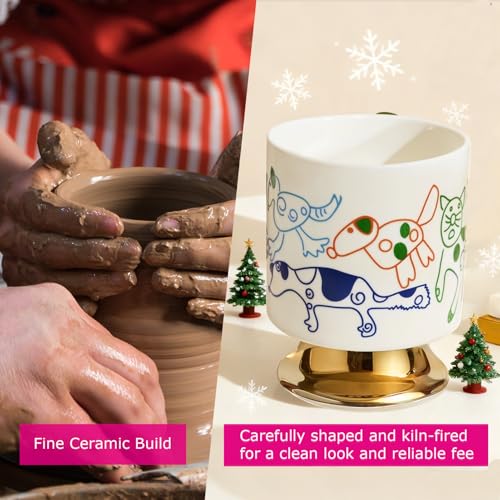 Christmas Mugs Whimsical Animal Ceramic fun Coffee Mug – 14oz Childlike Hand-Drawn Cat, Dog & Bear Design – Cute gothic Coffee Cup Gift for Women, Girls, Kids (white) - color: White