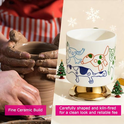 Christmas Mugs Whimsical Animal Ceramic fun Coffee Mug – 14oz Childlike Hand-Drawn Cat, Dog & Bear Design – Cute gothic Coffee Cup Gift for Women, Girls, Kids (white) - color: White