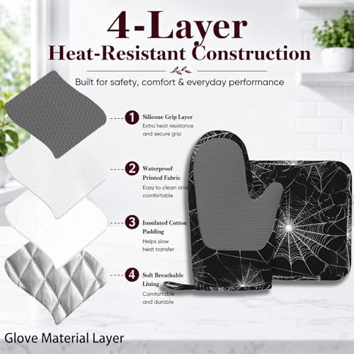 Spider Web Oven Mitts and Pot Holders Sets Silicone Kitchen Mitts Potholders Heat Resistant Oven Gloves Hot Pads for Kitchen Baking Cooking - color: Spider Web