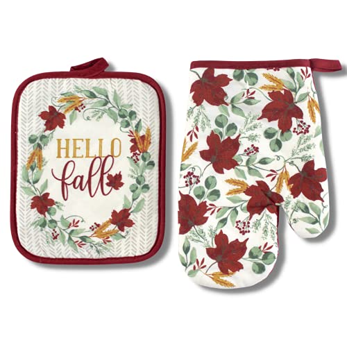 Farmhouse Fall Autumn Harvest Kitchen Hand Towels and Pot Holder Set: Hello Fall Red Burgundy Wine White Green Falling Leaves Design - color: Autumnleaves