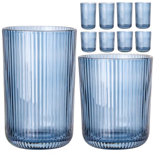Set of 8 Blue Ribbed Drinking Glasses,4 Highball Glasses 13.2oz & 4 Rocks Glasses 8.5oz,Vintage Glassware for Water, Juice, Iced Coffee, Cocktails, Housewarming Christmas Gift - color: Blue
