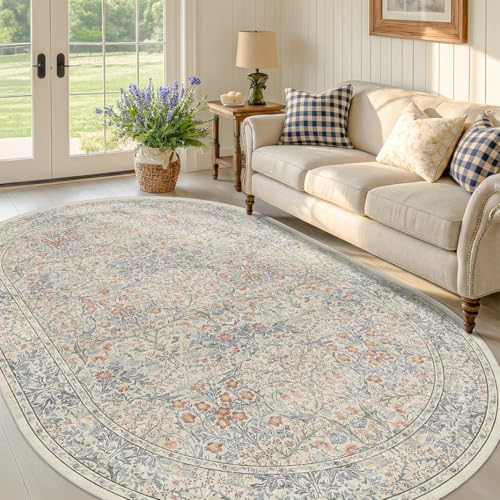 Beige Blue Washable Oval Rug 5x8 for Living Room, Dining Room, Soft Floral Carpet for Reading Corner, Nursery Room & Bedroom - Pastel Light Blue Vintage Oriental Low Pile Non Slip Stain Resistant - color: Beige Blue, size: 5' x 8' (Oval)