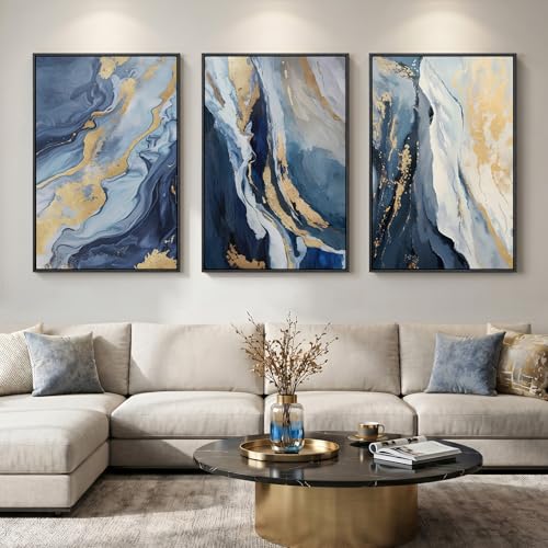 Large Framed Blue and Gold Abstract Wall Art for Living Room, 3 Piece 24x36 | Luxury marble pictures, Canvas prints, Modern wall paintings, Artwork for walls, Wall decor for bedroom dining room office - color: Ocean Blue Gold Marble, size: 24" W x 36" H x
