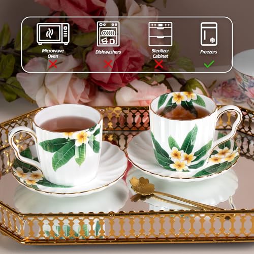 KAMMAK Tea Cups and Saucers Set of 2, Porcelain Coffee Cups, JBE012 | Stackable Espresso Mugs, Ceramic Demitasse for Coffee, Cappuccino, Latte, Americano, Tea - size: 8CZJBE012