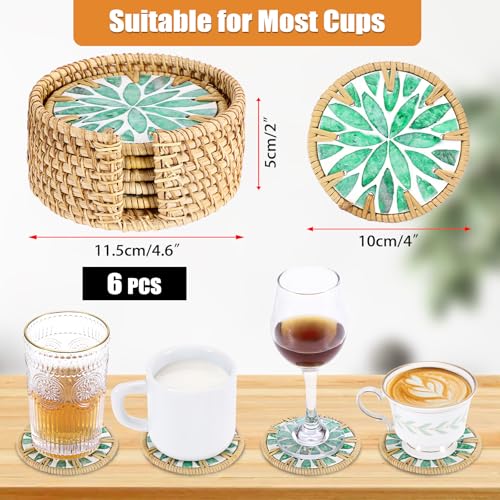 Boho Coastal Coasters Set of 6, Handmade Coasters with Holder - Cup Mat for Coffee Table, Boho Coaster for Home Décor Accents, Heat Insulation, Rattan & Mother of Pearl, 4 Inch(Green Leaf) - style: Green Leaf