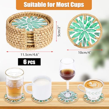 Boho Coastal Coasters Set of 6, Handmade Coasters with Holder - Cup Mat for Coffee Table, Boho Coaster for Home Décor Accents, Heat Insulation, Rattan & Mother of Pearl, 4 Inch(Green Leaf) - style: Green Leaf