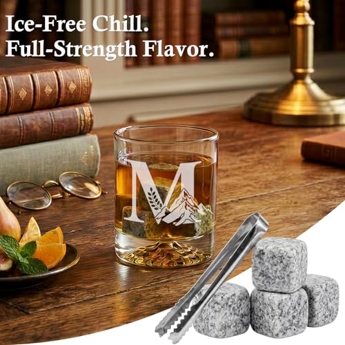 Personalized Whiskey Glass Gift Set for Men – Monogrammed Initial Rocks Glass with Slate Coaster, Wooden Box & Whiskey Stones, Birthday Father's Day for Him Dad Husband (M) - style: M