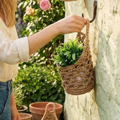 6 Pcs Macrame Hanging Planter Set - 3 Small (5.3"x9") & 3 Mini (4.3"x7.9") Boho Wall Mounted Cotton Baskets for Indoor Plants, Linen Color, Plants & Pots Not Included