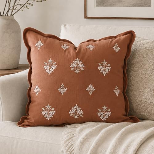 BlissBlush Throw Pillow Cover 20x20, Terracotta Velvet Decorative Pillow Cover, Floral Accent Cushion Cover with Embroidery and Scalloped Edge for Couch Sofa Bed, Cover ONLY - color: Orange Terracotta, size: 20" x 20" (Pack of 1)