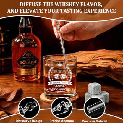 Birthday Gifts for Men - Vintage Whiskey Glass Set Birthday Party Supplies | Whiskey Stones, Pipette, Tongs & Coaster in Premium Wood Box, Unique Mens Gifts for Birthday, Boss, Him, Husband, Dad,Friends - style: Mens Gifts