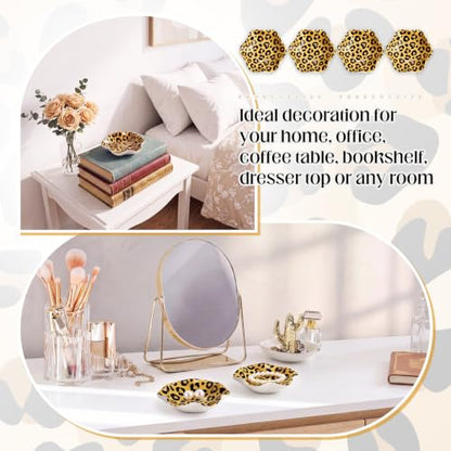 4 Pack Small Jewelry Dish Ceramic Trinket Holder Leopard Print Dish Tray for Rings Earrings Necklaces Bracelets 4.3 x 3.9 Inch Key Bowl Women's Birthday Mother's Day Wedding Gift - color: Brown, style: Ceramic