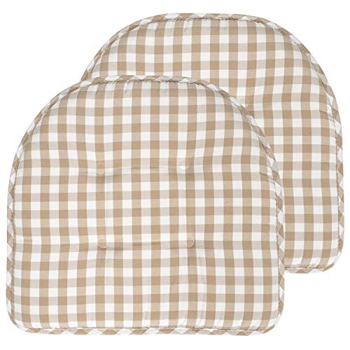 Sweet Home Collection Chair Cushion Memory Foam Pads Tufted Slip Non Skid Rubber Back U-Shaped 17" x 16" Seat Cover, 2 Count (Pack of 1), Checkered Taupe/White - color: Checkered Taupe/White, size: 2 Pack, style: Foam Pads