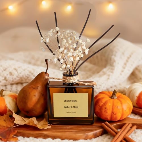 Reed Diffuser, Amber & Moss Essential Oil Diffuser with Dried Flowers, 3.4 oz Scented Oil Air Freshener, Handmade Home Decor, Long-Lasting Room Scent Fragrance for Office, Bathroom | 3.4oz(100ml) Scented Oil Air Freshener, Handmade Home Decor, Long-Lastin