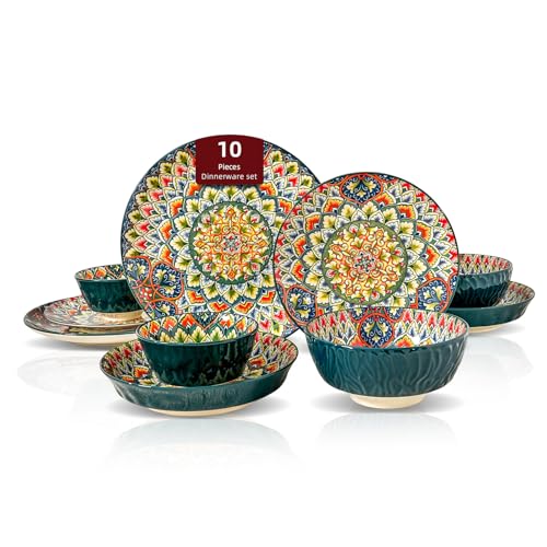 Boho 10 Pieces Dinnerware Sets, Plates and Bowls Set, Porcelain Dishes Set for 2, Microwave and Dishwasher Safe, Scratch Resistant, Bohemian Style Dining Ware, Green - color: Green