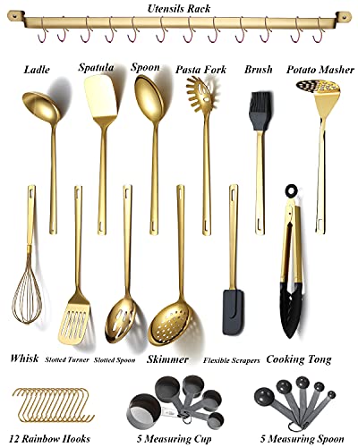 Gold Cooking Utensils Set, Kyraton Stainless Steel 37 Pieces Kitchen Utensils Set with Titanium Gold Plating, Kitchen Gadgets Tool Set with Utensils Racks Heat Resistant Dishwasher Safe - color: 2.37 piece gold set