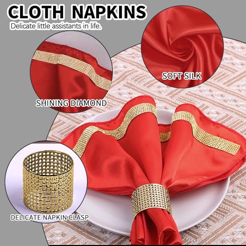 12 Pack Cloth Napkins and Gold Napkin Rings Set of 6, 17x17 Bling Trim Satin Cocktail Napkins Cloth Washable Personalized Dinner Napkins for Wedding Party Holiday Decorative | 17x17 Inch Personalized Red Napkins Set, Washable Fancy Dinner & Cocktail Napki