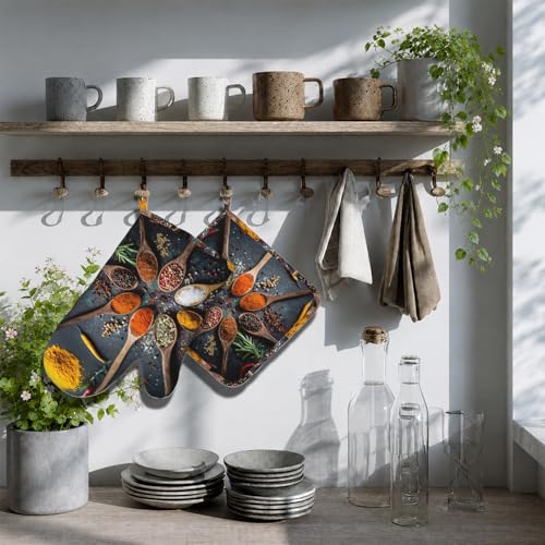Various Spices and Herbs Heat-Resistant Oven Mitts and Pot Holder Kitchen Non-Slip Silicone Cooking Microwave Gloves for Cooking Baking Grilling - color: Various Spices and Herbs