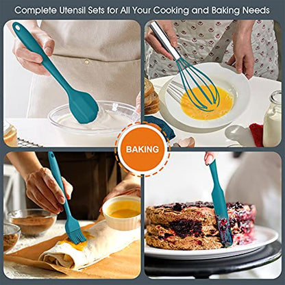 Teal Blue Kitchen Utensils Set, E-far 15-Piece Silicone Cooking Utensils with Holder, Non-stick Cookware Friendly & Heat Resistant, Includes Ladle Spatula Spoon Slotted Turner for Cooking & Baking - color: Teal Blue