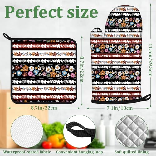 Retro Boho Flower Stripe Oven Mitts and Pot Holders Set 4 Pcs Extra Long Heat Resistant Gloves Potholder for Baking, BBQ, Grilling - color: Boho Floral Stripe