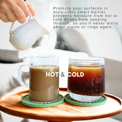 Silicone Coasters Set of 6 with Gold Holder - Modern Pattern for Prevent Sticking from Cups Coffee, Sage Green - color: Sage