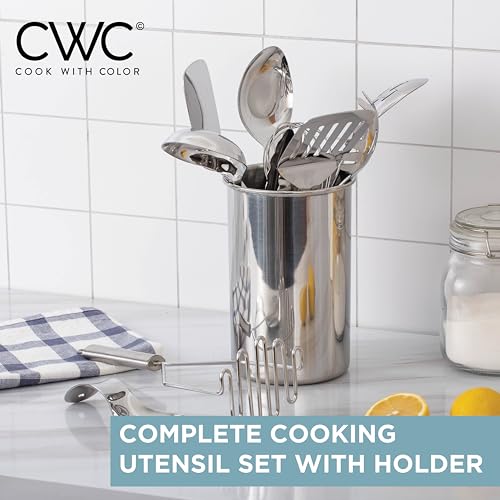COOK WITH COLOR Kitchen Utensil Set - premium Nonstick & Heat Resistant Kitchen Gadgets, Turner, Spaghetti Server, Serving Spoons, Whisk, Tongs, Masher & Utensil Holder, 10-piece Stainless Steel - color: Stainless Steel