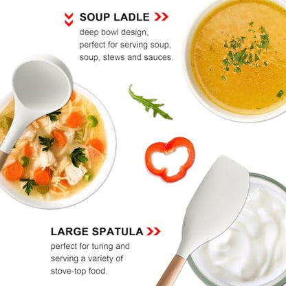 Silicone Kitchen Utensils Set of 5, Cooking Utensil Set with Heat Resistant Wooden Handle Non-Stick Silicone Spatula Spoon Turner Ladle, BPA FREE Cooking Kitchen Gadgets for Cookware & Baking - color: White, size: Standard 5-Piece Set