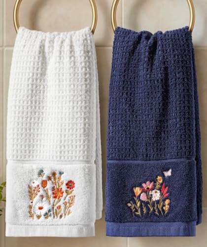 Cotton Embroidered Hand Towels for Bathroom Set of 2, Floral | Quick-Dry Waffle Weave, Terry Cloth, 16x26 Absorbent Decorative Towel, Farmhouse Cottage Decor for Kitchen, Guest Bath, Gifts - color: Floral
