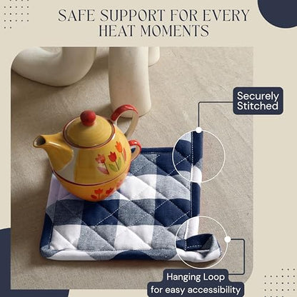 Oven Mitt & Pot Holder Buffalo Plaid Check 100% Cotton Heat Resistant Oven Gloves (7"x13") & Hot Pads (8"x8") Combo for Baking, Cooking - Navy - color: Navy Buffalo Plaid