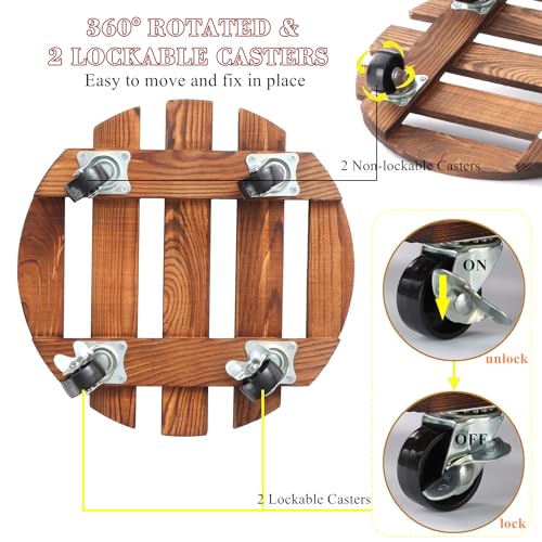 2 Pack 12" Plant Caddy with Wheels, Rolling Plant Stand 220 LB Heavy Duty Wooden Round Plant Dolly with Metal 360° Lockable Caster Wheels for Outdoor Indoor Large Plant Pots, Flower Pot, Patio - size: 12"+12"
