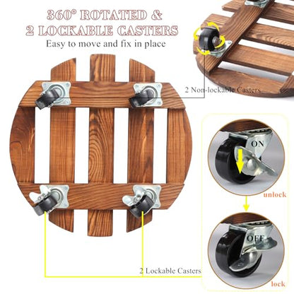2 Pack 12" Plant Caddy with Wheels, Rolling Plant Stand 220 LB Heavy Duty Wooden Round Plant Dolly with Metal 360° Lockable Caster Wheels for Outdoor Indoor Large Plant Pots, Flower Pot, Patio - size: 12"+12"