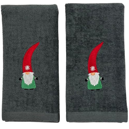 Christmas Guest Hand Towels: Grey Plush Terry Cotton Embroidered Spritly Gnome - color: Nordic Gnome