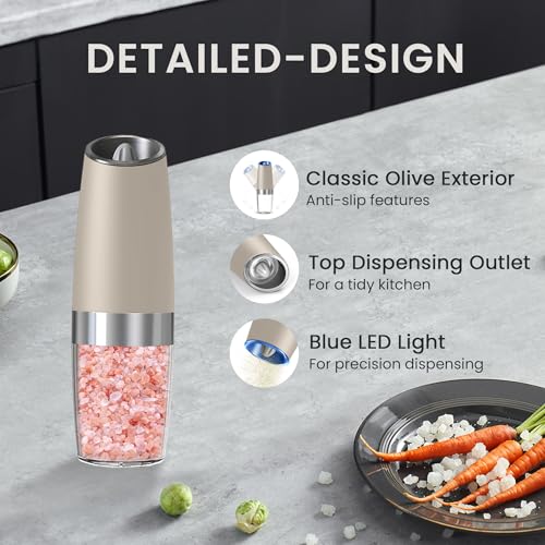 Battery Operated Salt And Pepper Grinder Set 2 Pack (Khaki) | Gravity-Activated Automatic Grinder With Led Light & Adjustable Coarseness, Each Uses 6 Aaa Batteries,Kitchen Daily Seasoning - color: Battery/2pcs/Khaki