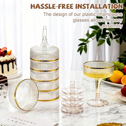 Set of 55 Champagne Tower 7 oz Plastic Champagne Coupe Glasses Set Stackable Plastic Ribbed Martini Glasses Unbreakable Acrylic Cocktail Coupe Cups for Wedding Birthday (Glitter,Gold) - color: Gold, size: Glitter