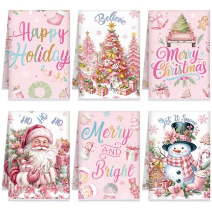 Redbaker 6 Pcs Pink Christmas Kitchen Towels Santa Claus Funny Dishcloth | Xmas Absorbent Farmhouse Decorative Fast Drying Tea Dish Towel with Hanging Loop for Kitchen Bathroom Home Housewarming Gift - style: Pink Christmas