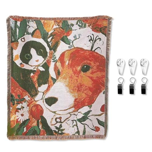 LumiSyne Woven Tapestry Throw Blanket With Hangers And Clips Cute Pet Pattern Cotton Throw With Tassel Decorative Throws For Sofa Bed Armchair Multi-Function Picnic Blanket Tablecloth Carpet 160x130cm - color: Cute Cat and Dog