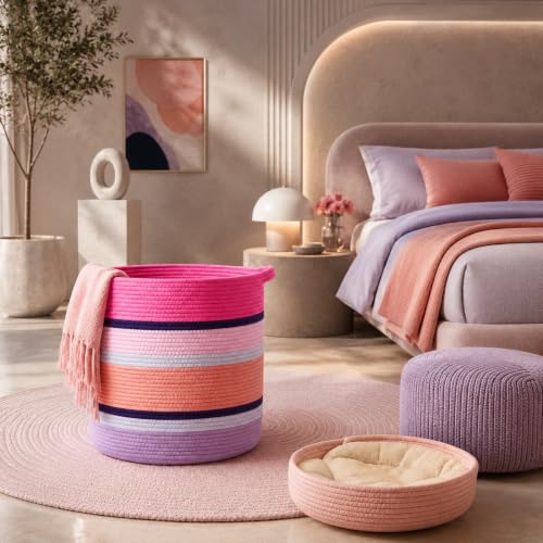 Pink Large Blanket Basket with Handles, 56 L Woven Rope Toy Basket, Foldable Storage Bin for Blankets, Toys & Laundry, stuffy storage for Bedroom & Playroom&Living room (15.7"D * 17.7"H) - size: 15.7"D * 17.7"H