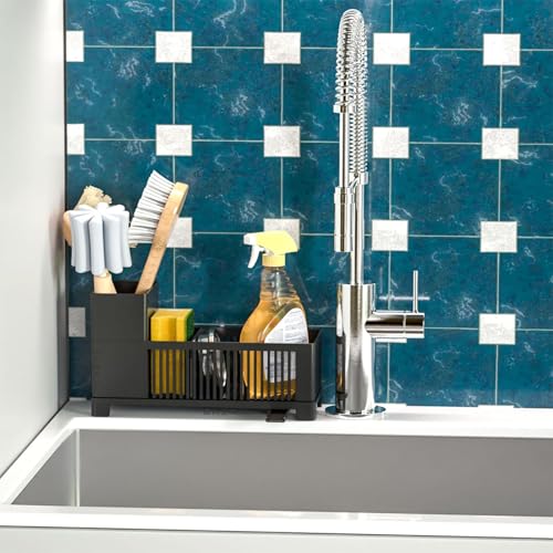 Sink Caddy & Kitchen Sink Organizer,Black Sponge Holder with High Scrub Brush Holder,Plastic Kitchen Countertop Organizer,Multifunctional Sponge Drain Rack,Dish Soap,Dish Sponge Holder,Soap Dispenser - color: Black
