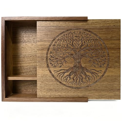Walnut Wood Memory Box with Sliding Lid - Engraved Tree of Life 2-Compartment Decorative Keepsake Storage Case for 4x6 Photos & USB Flash Drive, Presentation Gift for Wedding Photographers - color: Walnut (6.73")