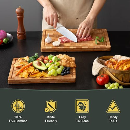 2 Pack Wooden Cutting Boards for Kitchen Bamboo Chopping Boards Non Toxic | Heavy Duty, End Grain, Non Slip, Cutting Board Set, Multiple Size, Solid Thick, Butcher Block, Wood Charcuterie Board - size: Multiple Sizes (Set of 2)