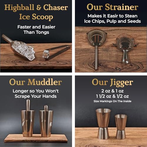 Highball & Chaser Bartender Kit with Espresso Bamboo Stand. Beautiful Cobbler Cocktail Shaker Set with Bar Tools Rustproof Stainless Steel Bar Set (Antique Copper) - color: Copper