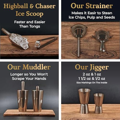 Highball & Chaser Bartender Kit with Espresso Bamboo Stand. Beautiful Cobbler Cocktail Shaker Set with Bar Tools Rustproof Stainless Steel Bar Set (Antique Copper) - color: Copper