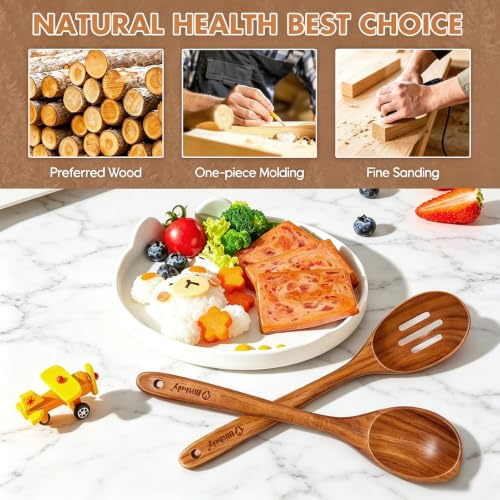 Large Wooden Cooking Spoon Set, 2Pack Natural Teak Wood Spoons for Cooking, Non-Stick Slotted and Corner Serving Spoon with Long Handle, Heat-Resistant Wooden Spatula Spoons for Kitchen Needs