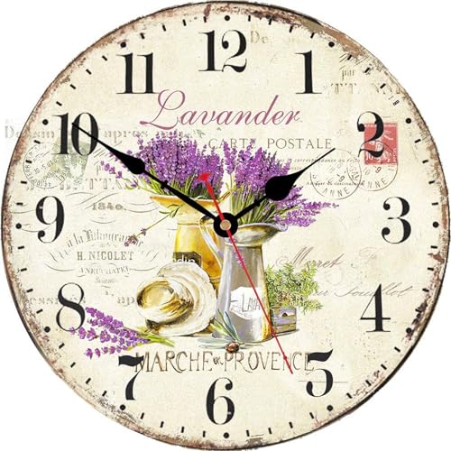 TAHEAT Lavender Wall Clock, Small Vintage Floral Provence Kitchen Clocks, Retro Rustic Battery Operated Wall Clocks for Living Room Bedroom Bathroom Office, 8 Inch - size: 8 Inch