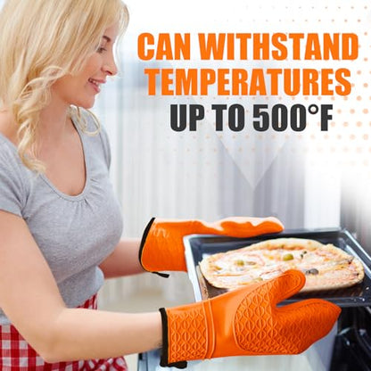 Silicone Oven Mitts, Heat Resistant 2PCS Oven Mitts with Soft Cotton Lining, Waterproof Non-Slip Grip Oven Glove, Kitchen Potholder Mits for BBQ, Baking, Cooking, 12.5 Inch - Orange - color: Orange