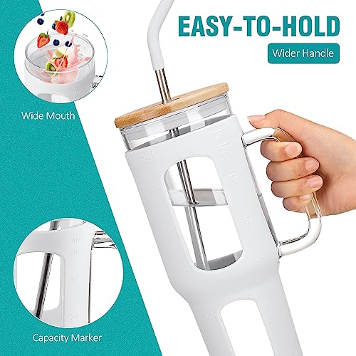WINSA Glass Tumbler with Lid and Straw, 46 oz, White | Iced Coffee Cup with Handle, Large Water Bottle with Silicone Sleeve, Pearl Straw & Drinking Straw, BPA Free - color: White, size: 46 Ounces