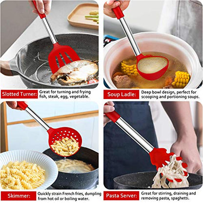 LIANYU 43 Pcs Kitchen Cooking Utensils Set, Silicone Cooking Utensils Spatula Set with Holder, Heat Resistant Kitchen Gadgets Tools for Nonstick Cookware Set, Stainless Steel Handle, Red - color: Red