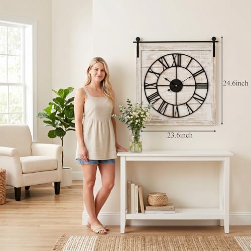 24 Inch Large Rustic Wall Clock, Farmhouse Square Wood Frame with Black Metal Barn Door Style Hanging Rod, Silent Non-Ticking Quartz Movement, for Living Room, Fireplace, or Dining Room - color: Beige
