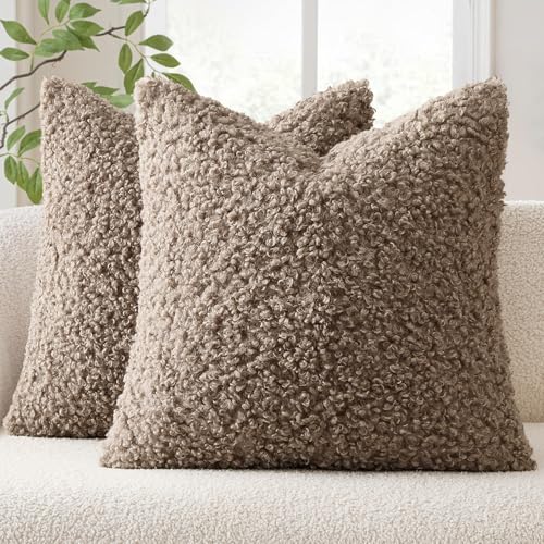 EMEMA Pack of 2 Teddy Faux Fur Throw Pillow Covers 20x20 Inch Soft Fuzzy Sherpa Sheepskin Decorative Cushion Cases Cozy Boucle Fleece for Couch Bed Boho Living Room Decor Khaki - color: Khaki, size: 20" x 20" (Pack of 2)