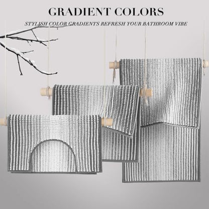 Bathroom Rugs Sets 3 Piece, Toilet Rugs U-Shaped Contour Bath Mat Set, Striped Absorbent Non Slip Chenille Shower Mat, Gray - color: Grey, size: 20"x32"+16"x24"+U Shape 20"x24"